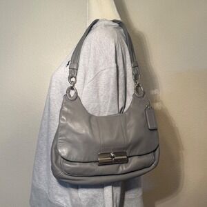 Coach Kristin Hippie Grey Leather Hobo Shoulder Bag Flap Handbag